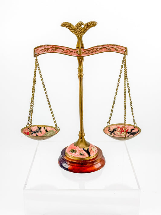 Antique Brass Balance Scales with Hand-Painted Enamel Floral Dishes on Wood Base