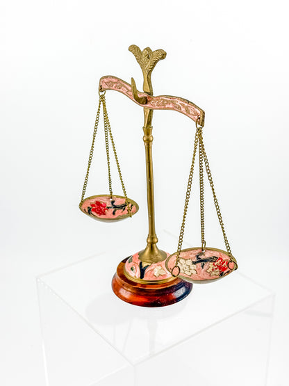 Antique Brass Balance Scales with Hand-Painted Enamel Floral Dishes on Wood Base