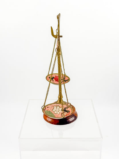 Antique Brass Balance Scales with Hand-Painted Enamel Floral Dishes on Wood Base
