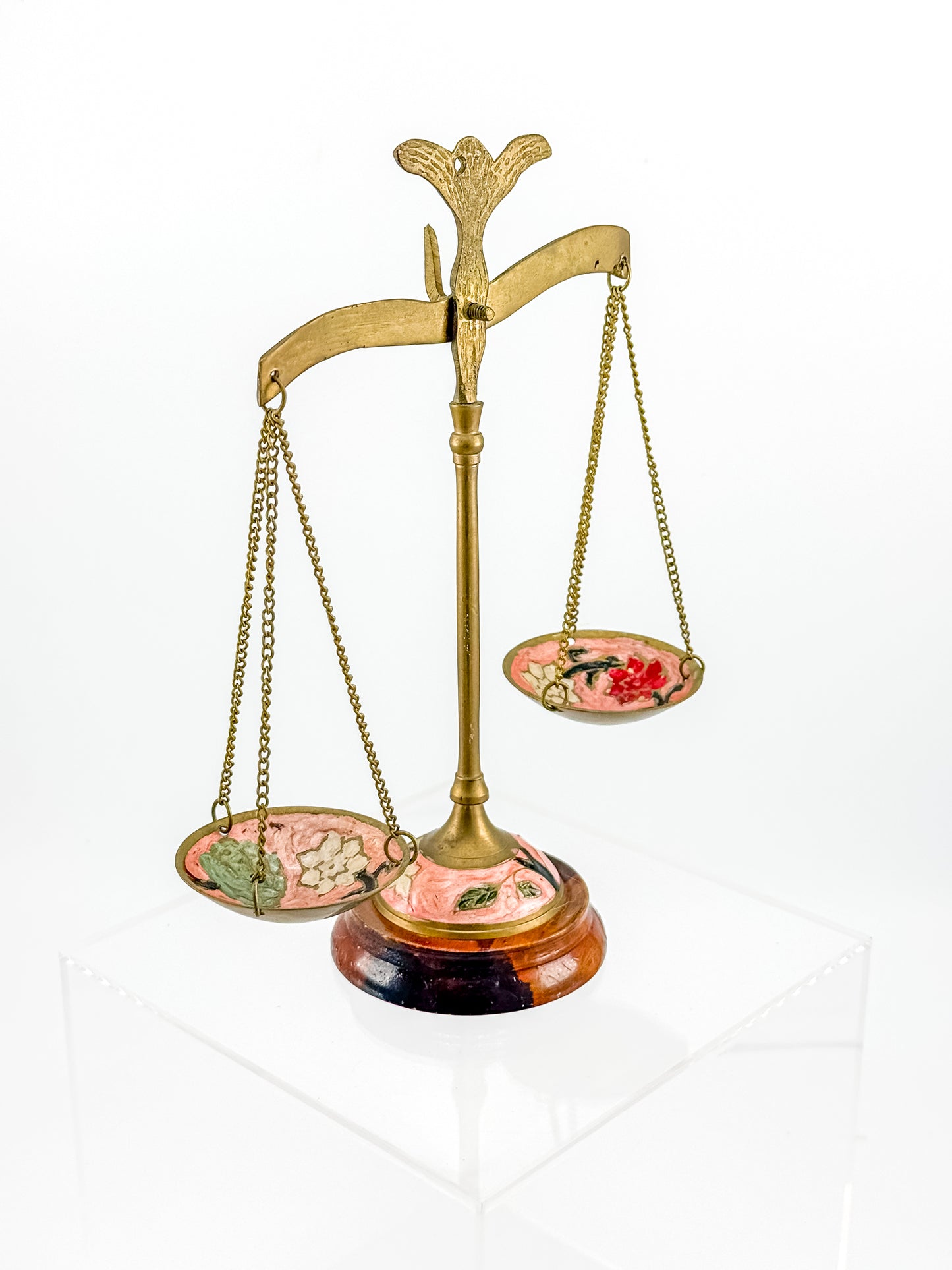 Antique Brass Balance Scales with Hand-Painted Enamel Floral Dishes on Wood Base