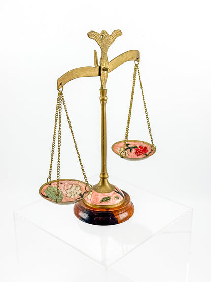 Antique Brass Balance Scales with Hand-Painted Enamel Floral Dishes on Wood Base