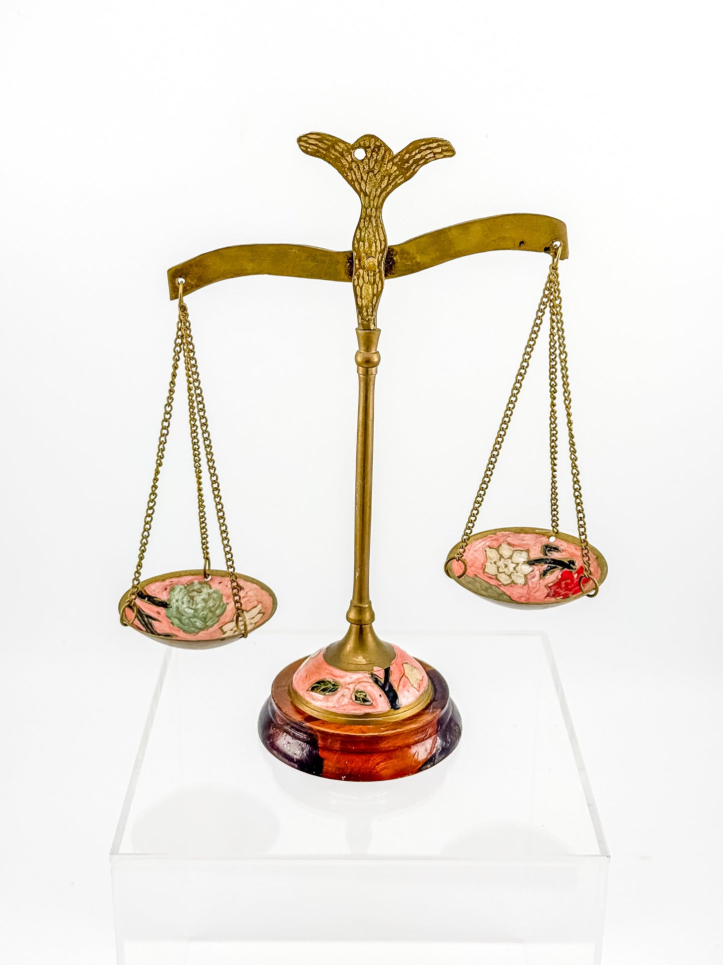 Antique Brass Balance Scales with Hand-Painted Enamel Floral Dishes on Wood Base