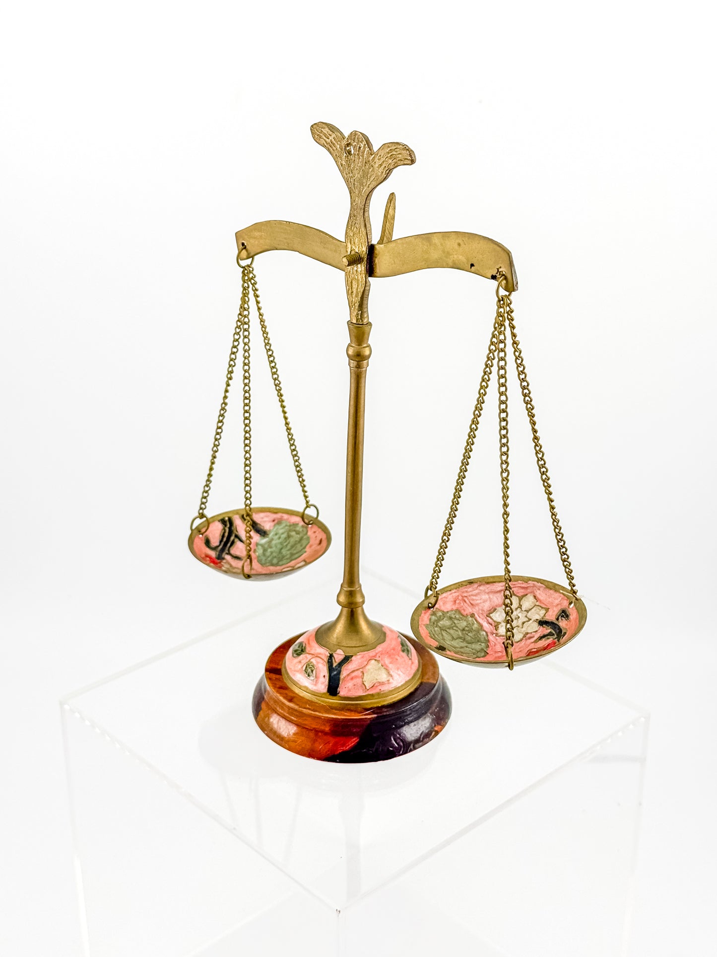 Antique Brass Balance Scales with Hand-Painted Enamel Floral Dishes on Wood Base