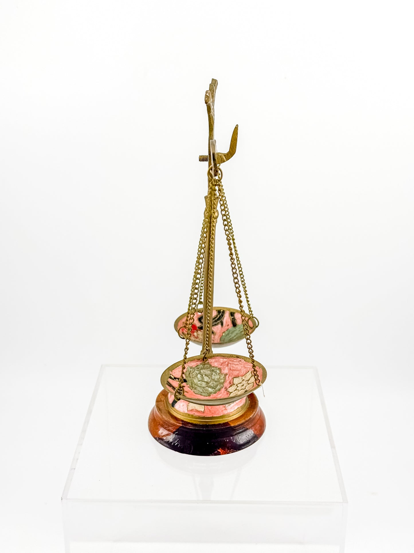 Antique Brass Balance Scales with Hand-Painted Enamel Floral Dishes on Wood Base