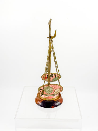 Antique Brass Balance Scales with Hand-Painted Enamel Floral Dishes on Wood Base
