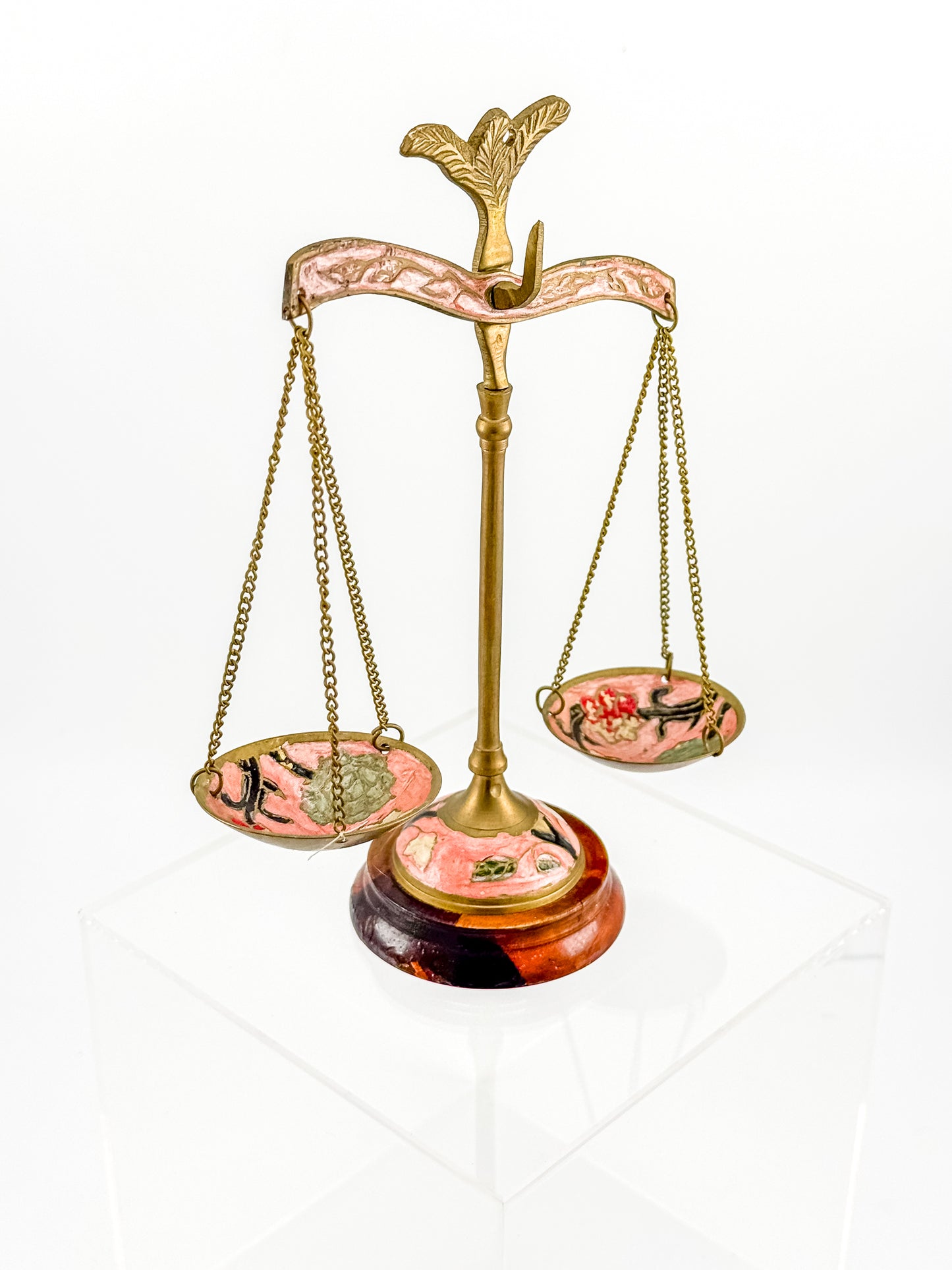 Antique Brass Balance Scales with Hand-Painted Enamel Floral Dishes on Wood Base