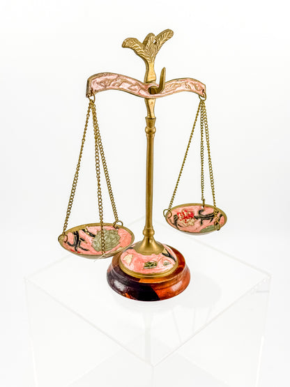 Antique Brass Balance Scales with Hand-Painted Enamel Floral Dishes on Wood Base