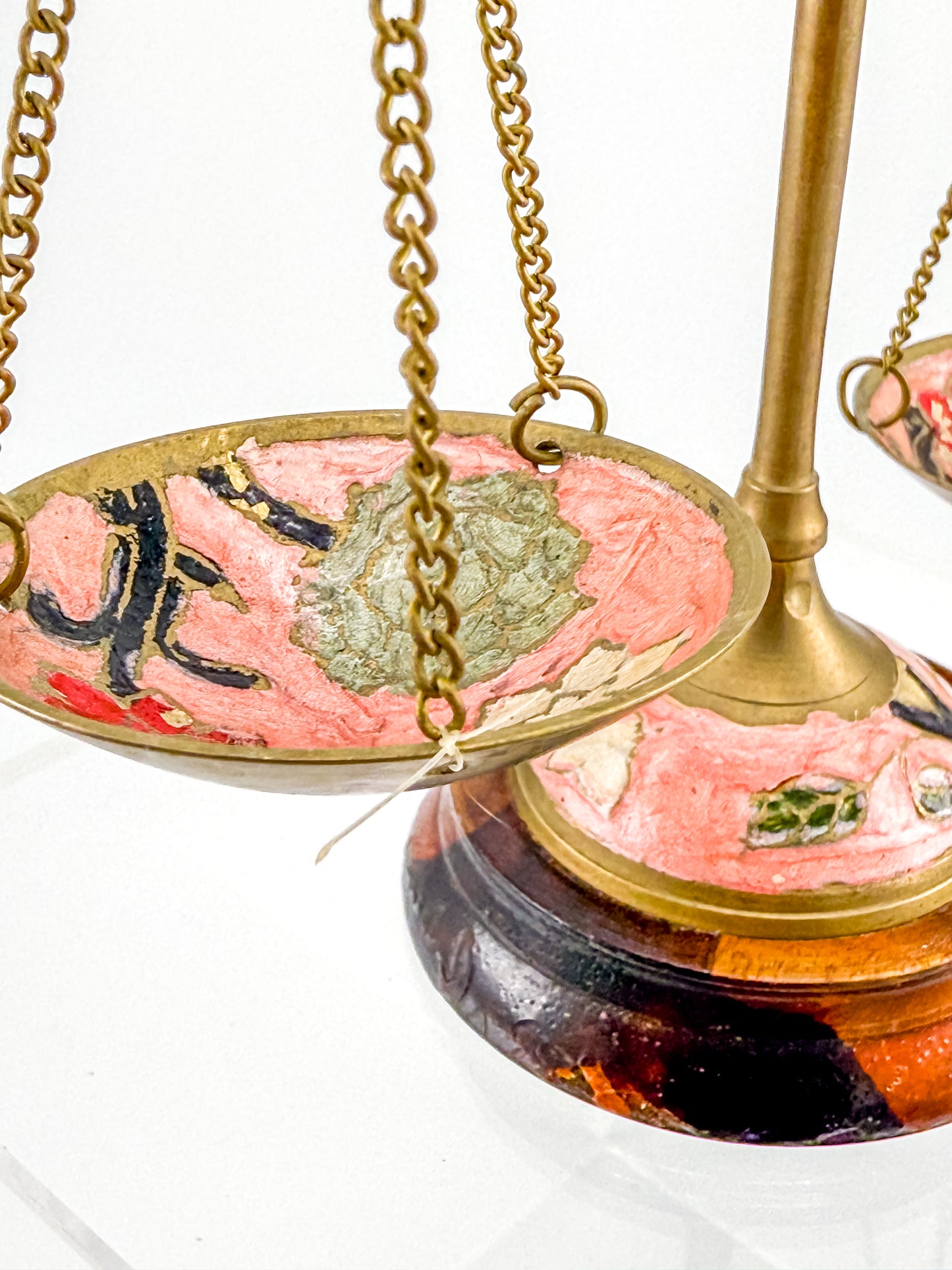 Antique Brass Balance Scales with Hand-Painted Enamel Floral Dishes on Wood Base