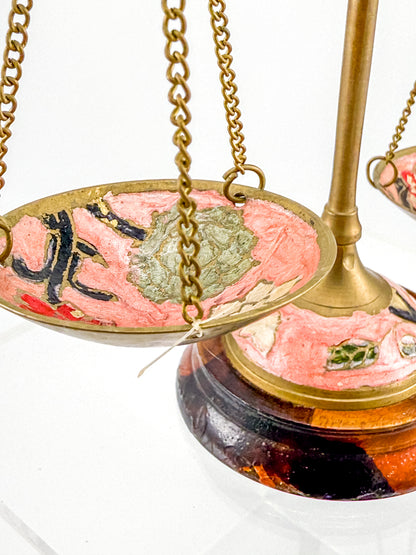 Antique Brass Balance Scales with Hand-Painted Enamel Floral Dishes on Wood Base