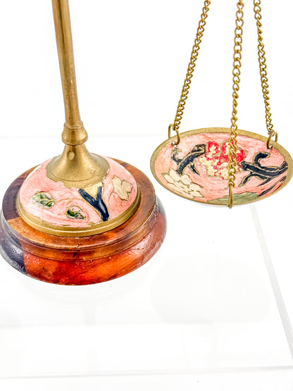Antique Brass Balance Scales with Hand-Painted Enamel Floral Dishes on Wood Base