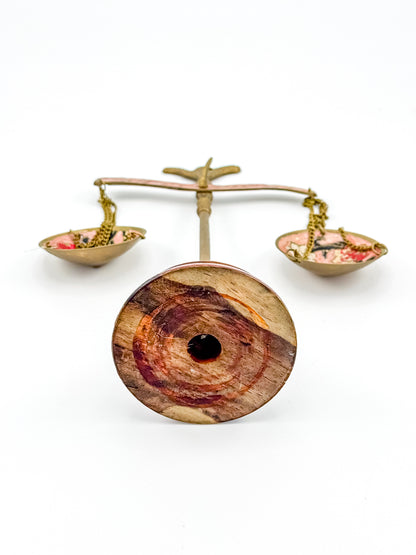 Antique Brass Balance Scales with Hand-Painted Enamel Floral Dishes on Wood Base