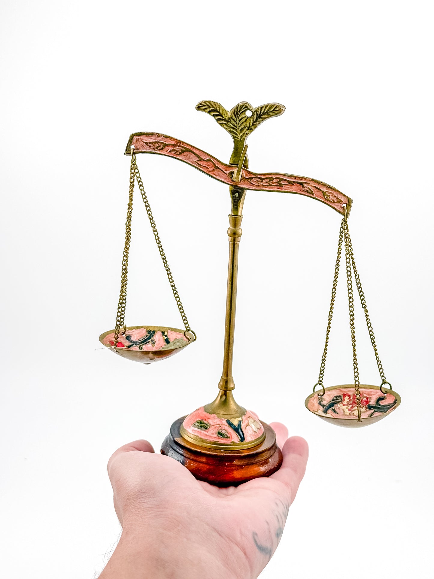 Antique Brass Balance Scales with Hand-Painted Enamel Floral Dishes on Wood Base