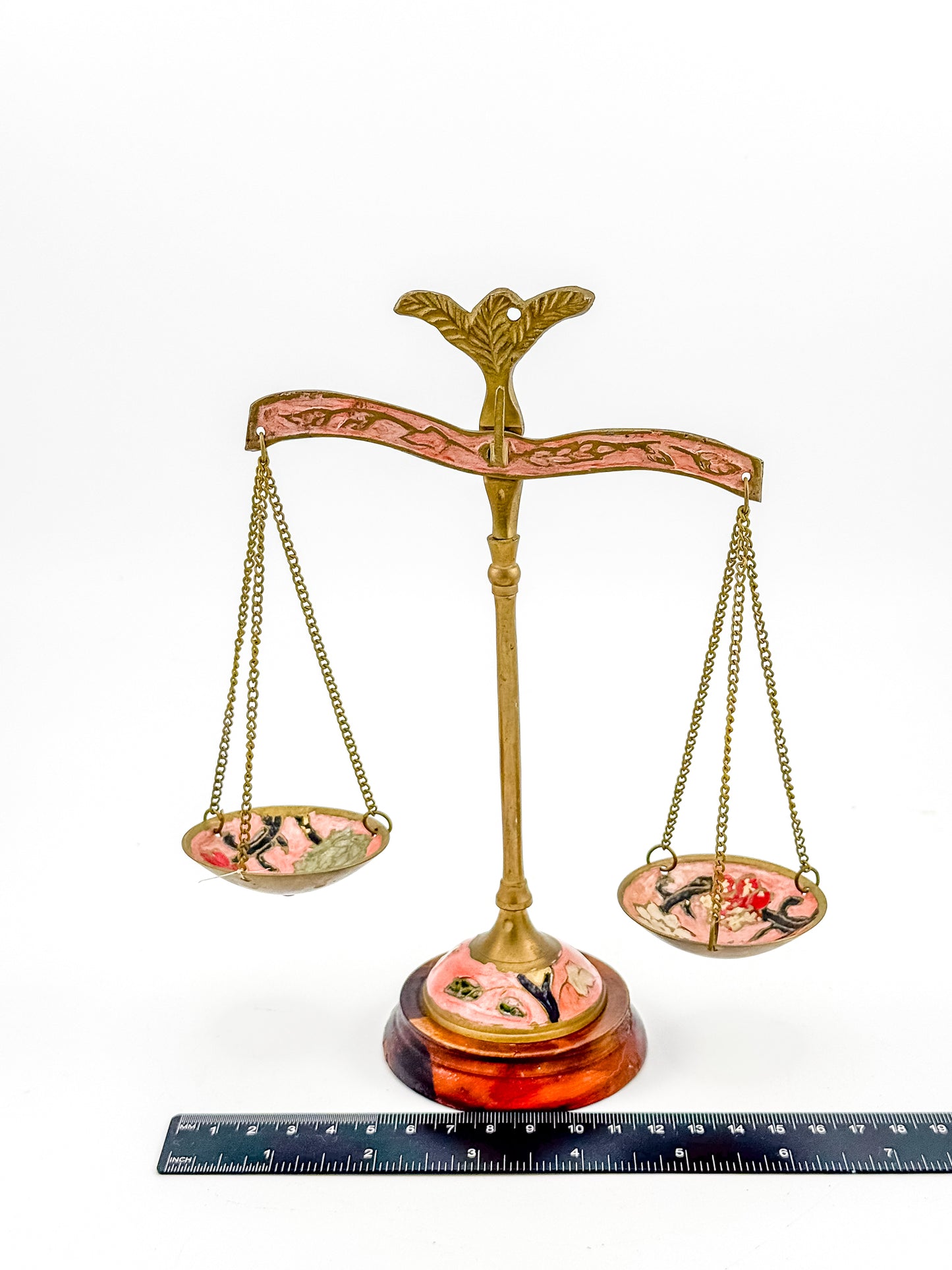 Antique Brass Balance Scales with Hand-Painted Enamel Floral Dishes on Wood Base