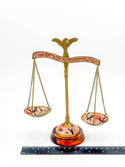 Antique Brass Balance Scales with Hand-Painted Enamel Floral Dishes on Wood Base