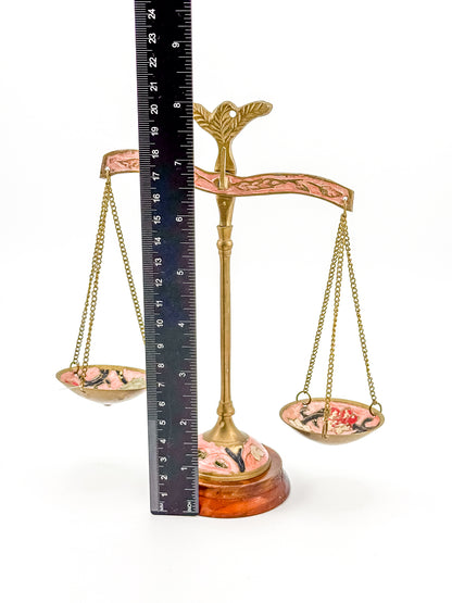 Antique Brass Balance Scales with Hand-Painted Enamel Floral Dishes on Wood Base