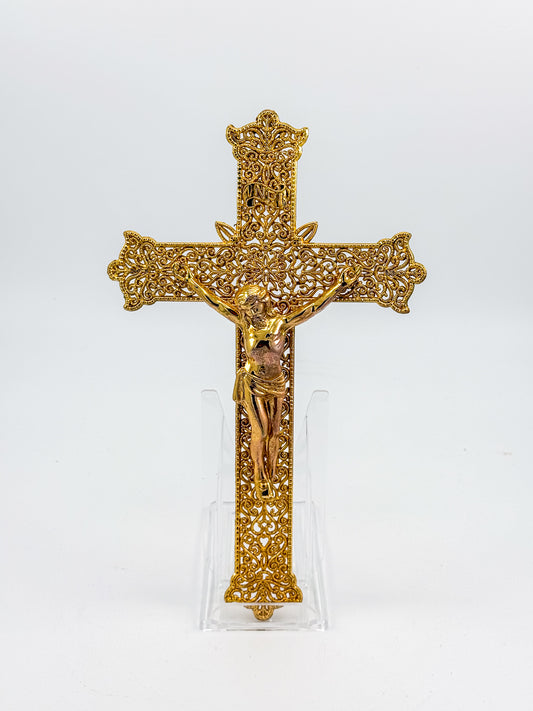 Vintage Gallo Co New York Gold Filigree Crucifix Cross with Corpus Christi, Art Deco Style