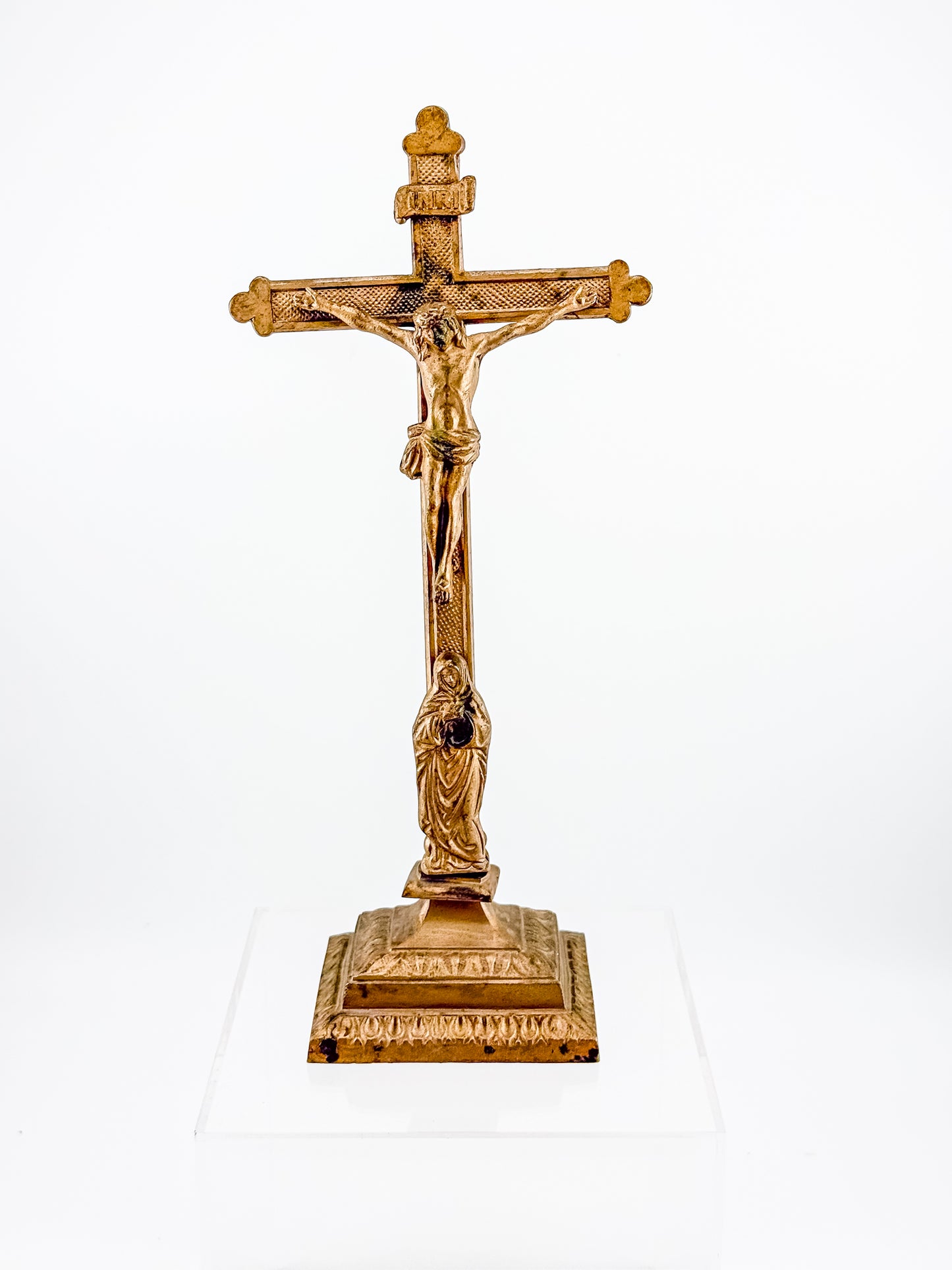 Antique Brass Standing Altar Crucifix with Mary Figure at Base and Ornate Tiered Square Base