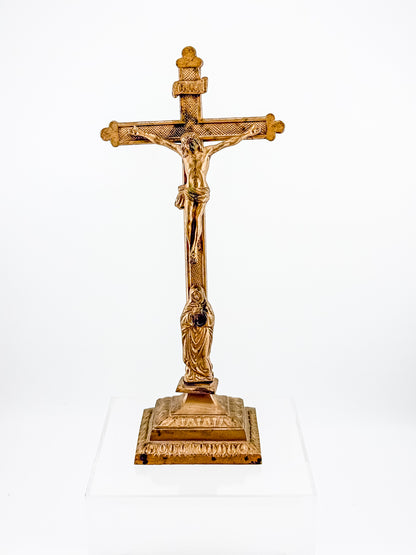 Antique Brass Standing Altar Crucifix with Mary Figure at Base and Ornate Tiered Square Base