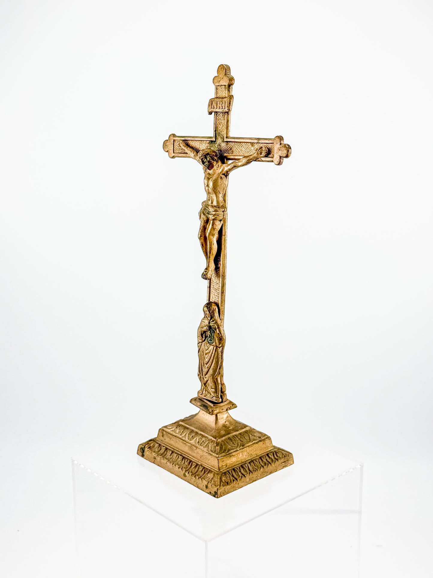 Antique Brass Standing Altar Crucifix with Mary Figure at Base and Ornate Tiered Square Base
