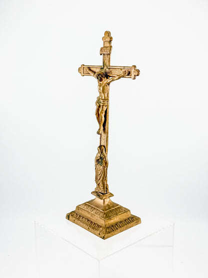 Antique Brass Standing Altar Crucifix with Mary Figure at Base and Ornate Tiered Square Base
