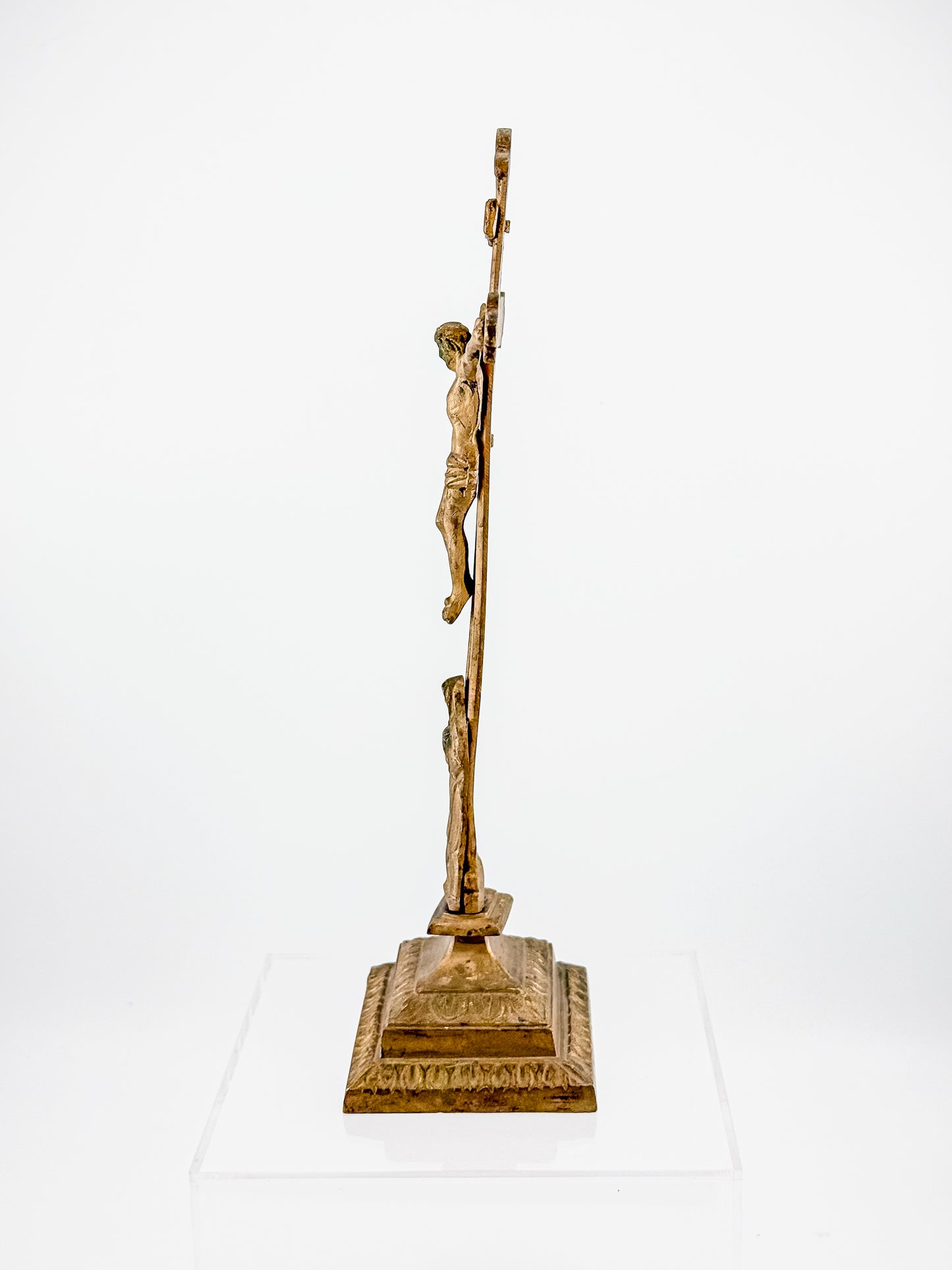 Antique Brass Standing Altar Crucifix with Mary Figure at Base and Ornate Tiered Square Base