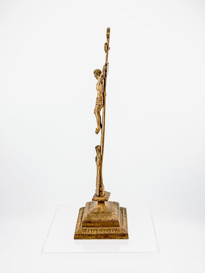 Antique Brass Standing Altar Crucifix with Mary Figure at Base and Ornate Tiered Square Base