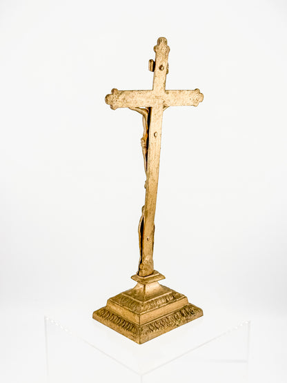 Antique Brass Standing Altar Crucifix with Mary Figure at Base and Ornate Tiered Square Base