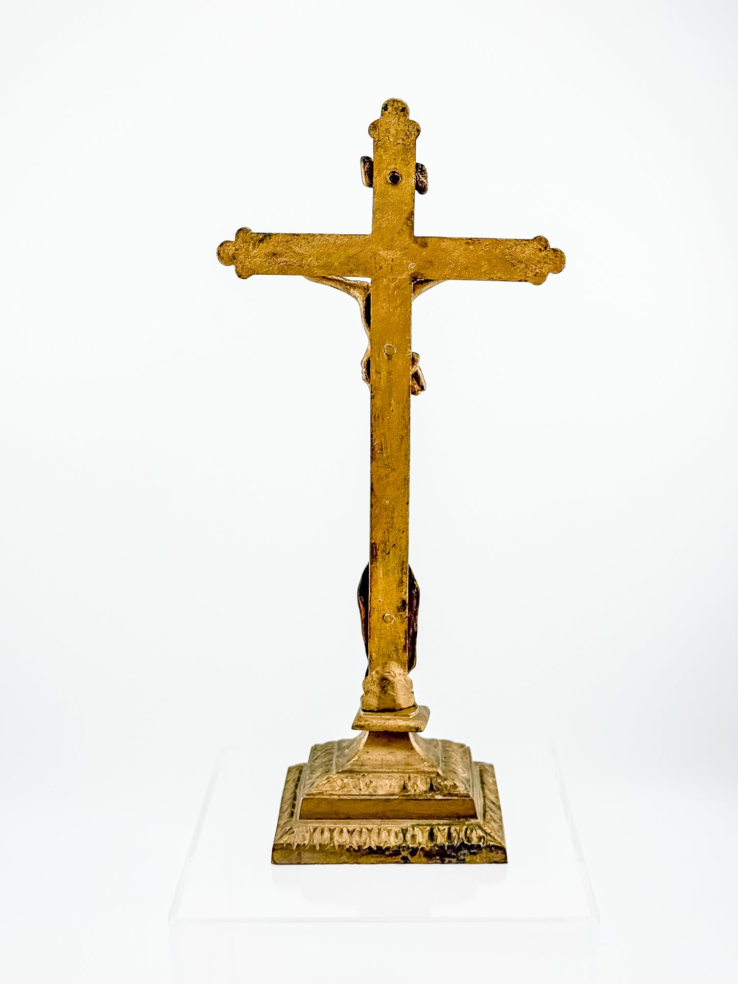 Antique Brass Standing Altar Crucifix with Mary Figure at Base and Ornate Tiered Square Base