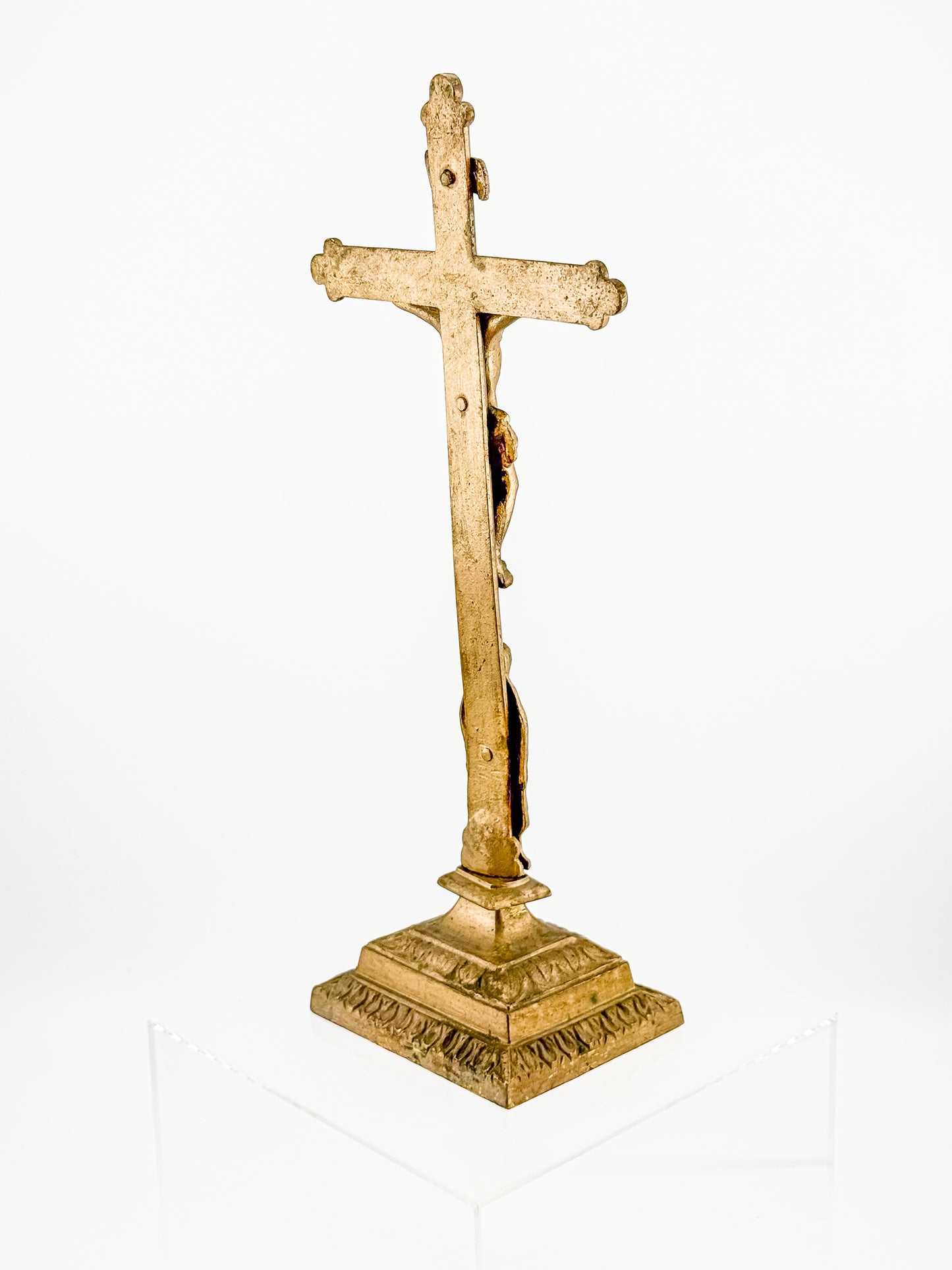 Antique Brass Standing Altar Crucifix with Mary Figure at Base and Ornate Tiered Square Base