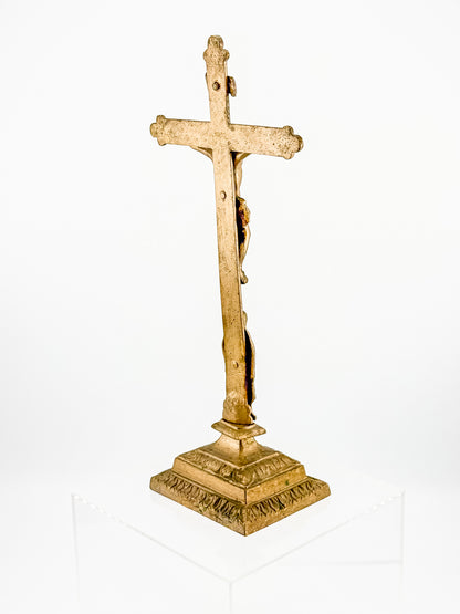 Antique Brass Standing Altar Crucifix with Mary Figure at Base and Ornate Tiered Square Base