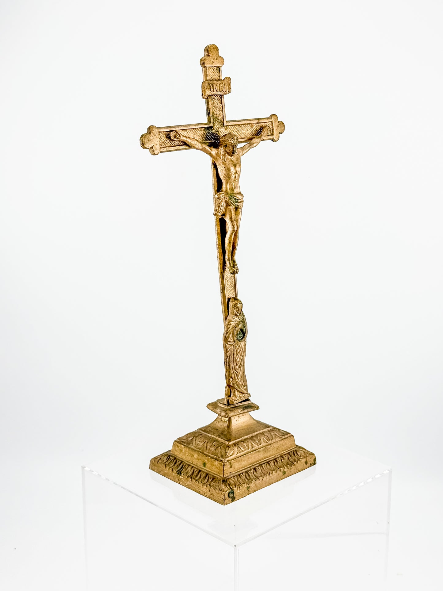 Antique Brass Standing Altar Crucifix with Mary Figure at Base and Ornate Tiered Square Base