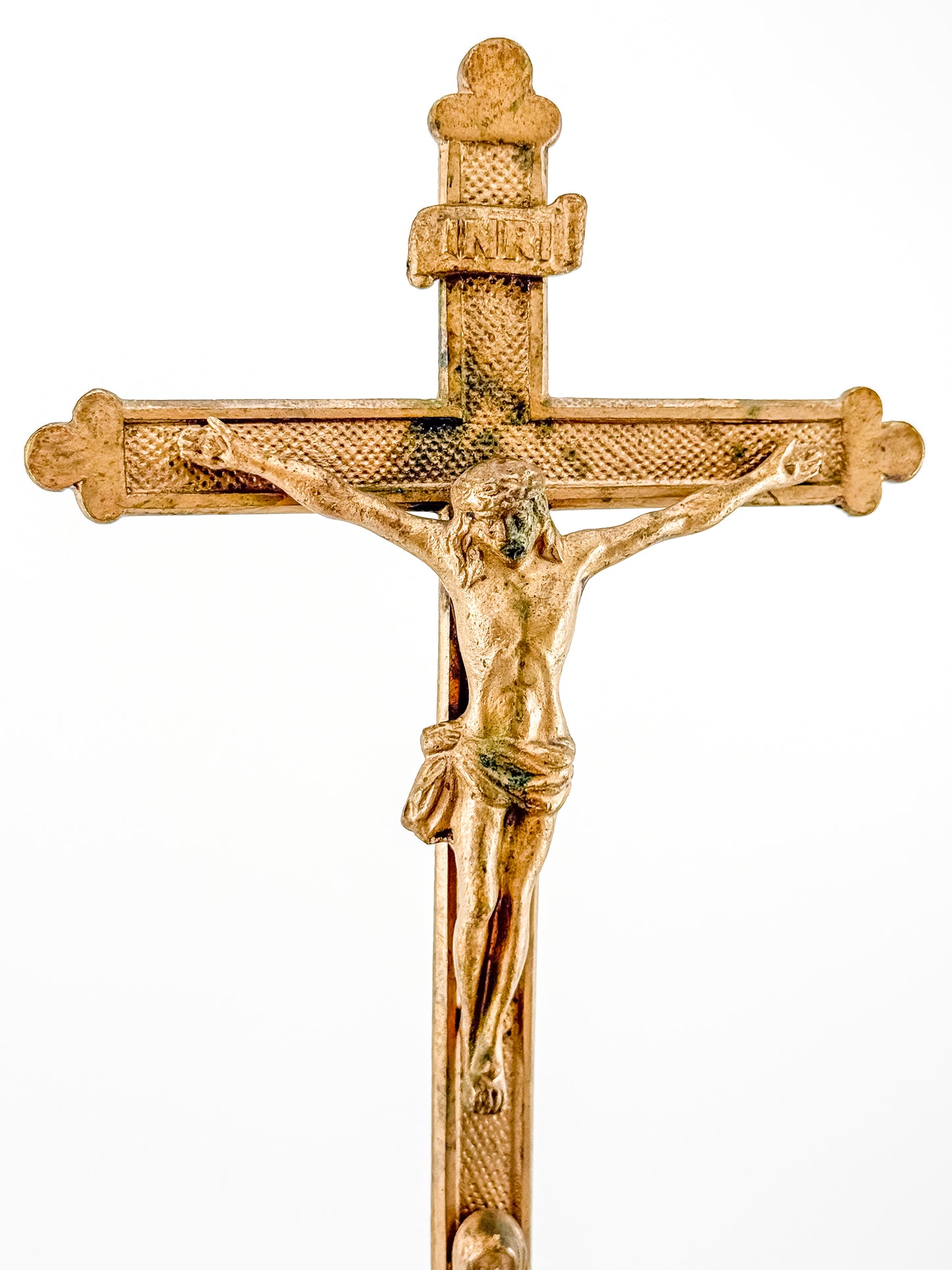 Antique Brass Standing Altar Crucifix with Mary Figure at Base and Ornate Tiered Square Base