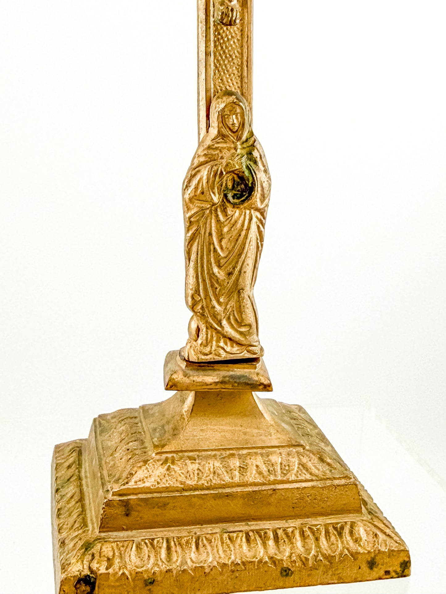 Antique Brass Standing Altar Crucifix with Mary Figure at Base and Ornate Tiered Square Base