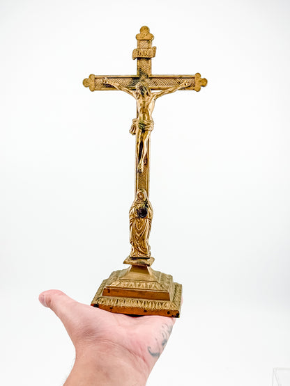 Antique Brass Standing Altar Crucifix with Mary Figure at Base and Ornate Tiered Square Base