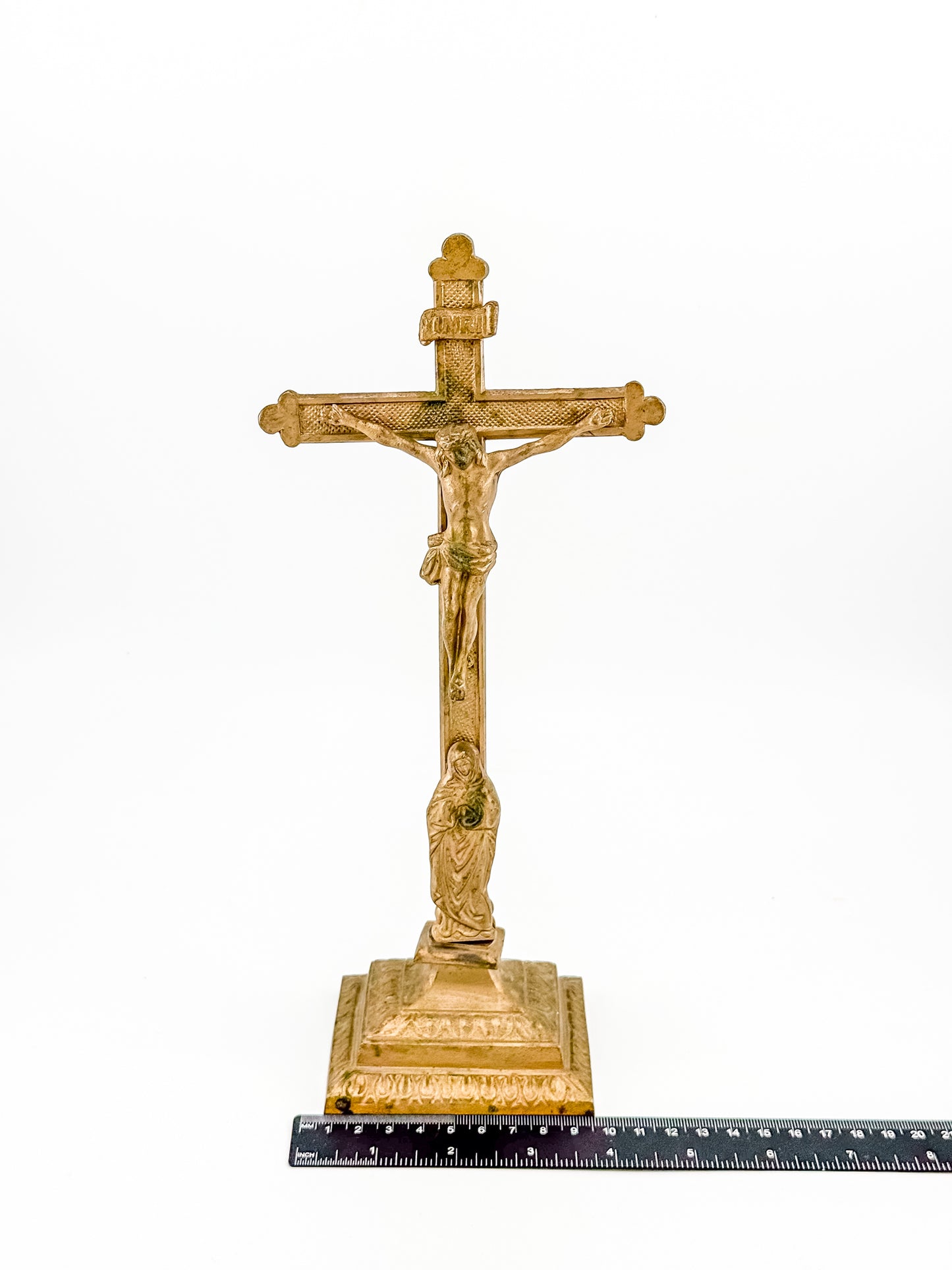 Antique Brass Standing Altar Crucifix with Mary Figure at Base and Ornate Tiered Square Base