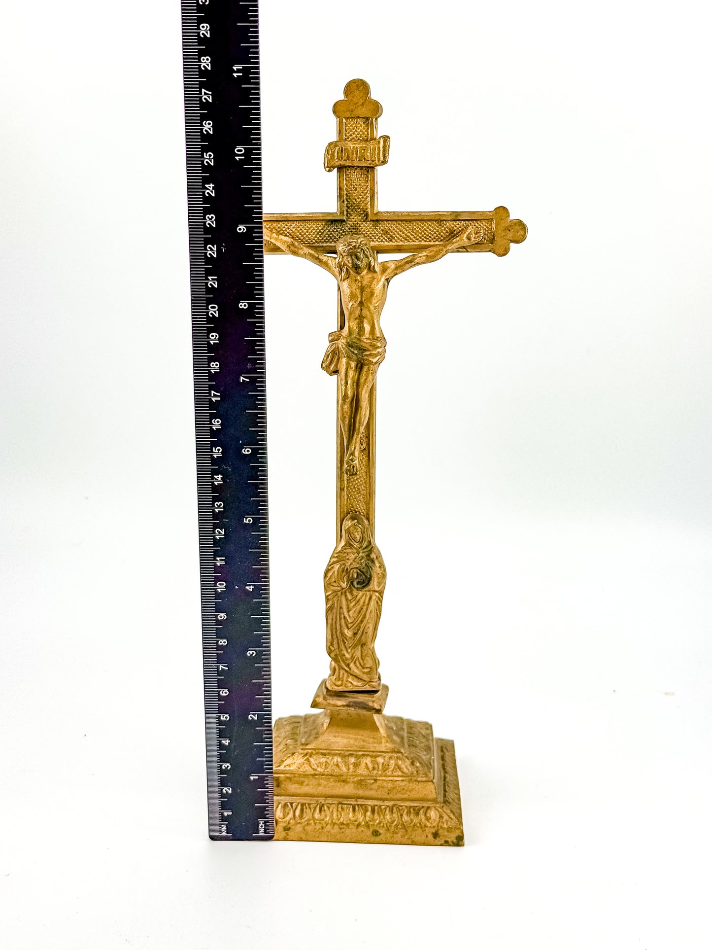 Antique Brass Standing Altar Crucifix with Mary Figure at Base and Ornate Tiered Square Base