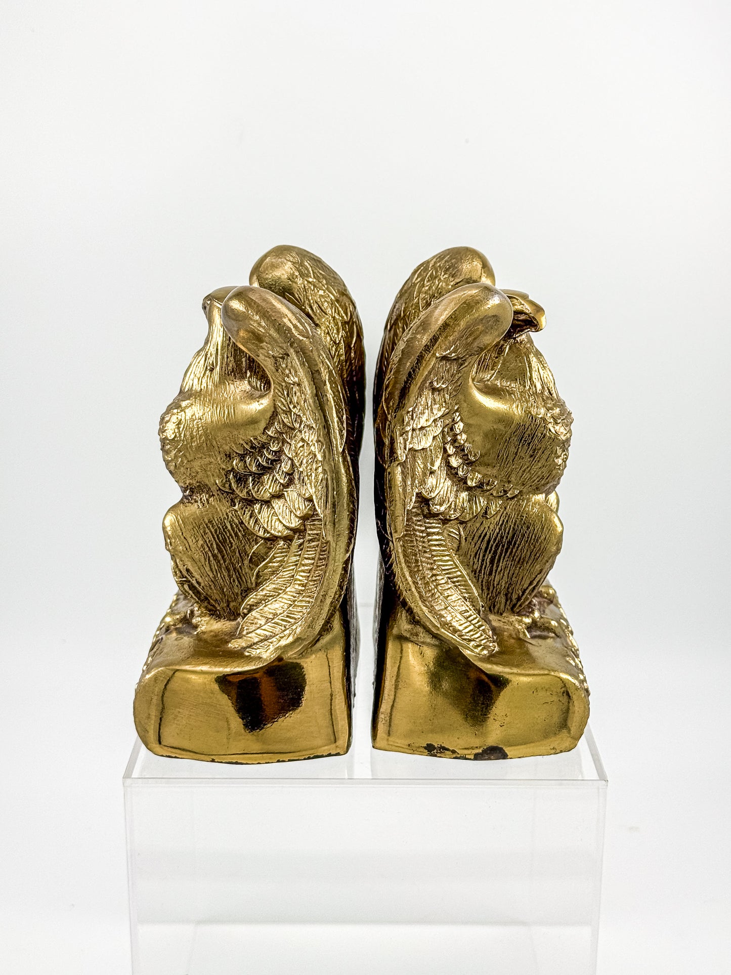 Vintage Solid Brass Weighted Eagle Bookends with Detailed Feather Relief, Sold as a Pair
