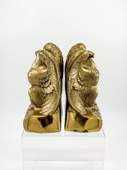 Vintage Solid Brass Weighted Eagle Bookends with Detailed Feather Relief, Sold as a Pair