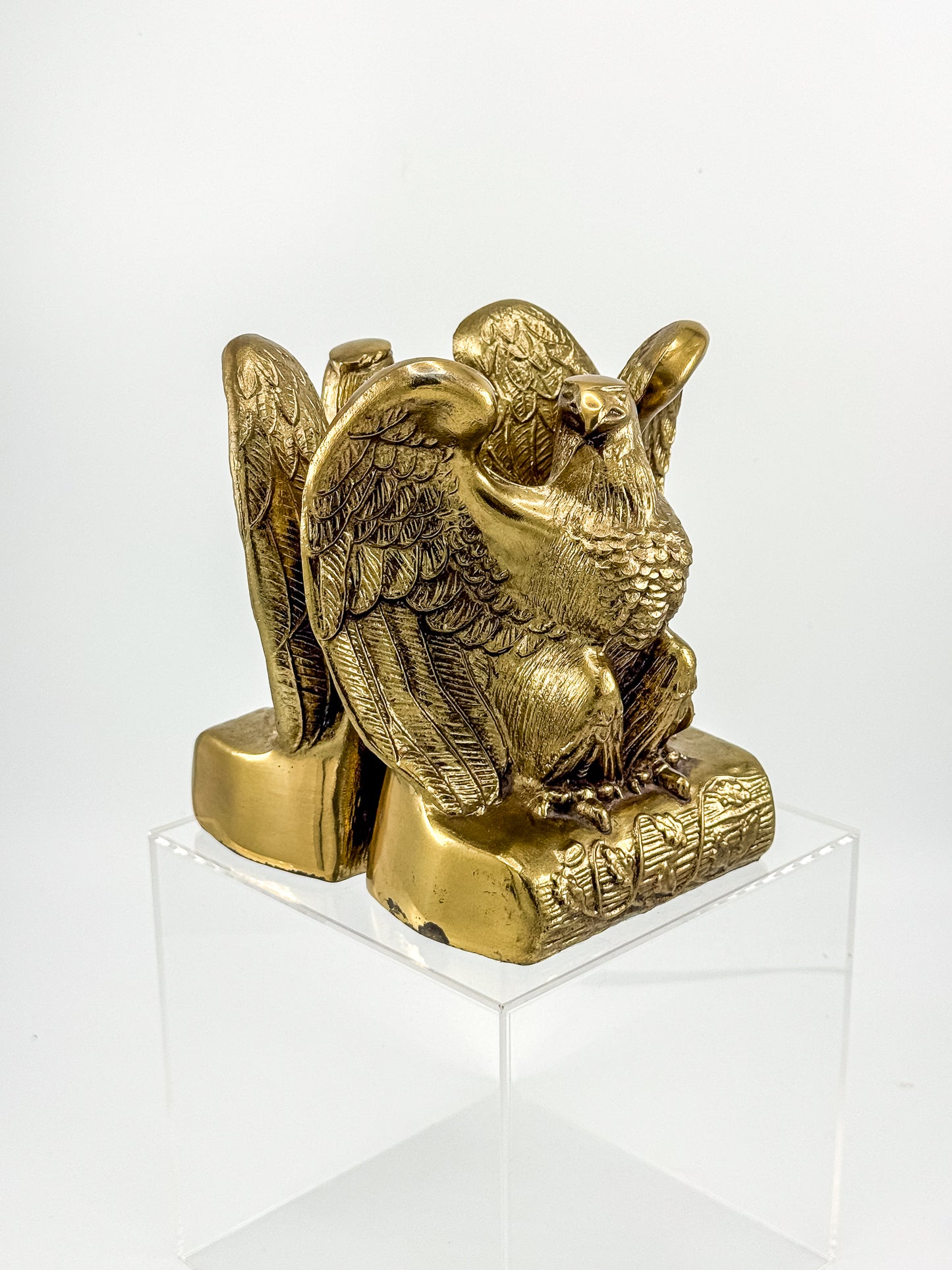 Vintage Solid Brass Weighted Eagle Bookends with Detailed Feather Relief, Sold as a Pair