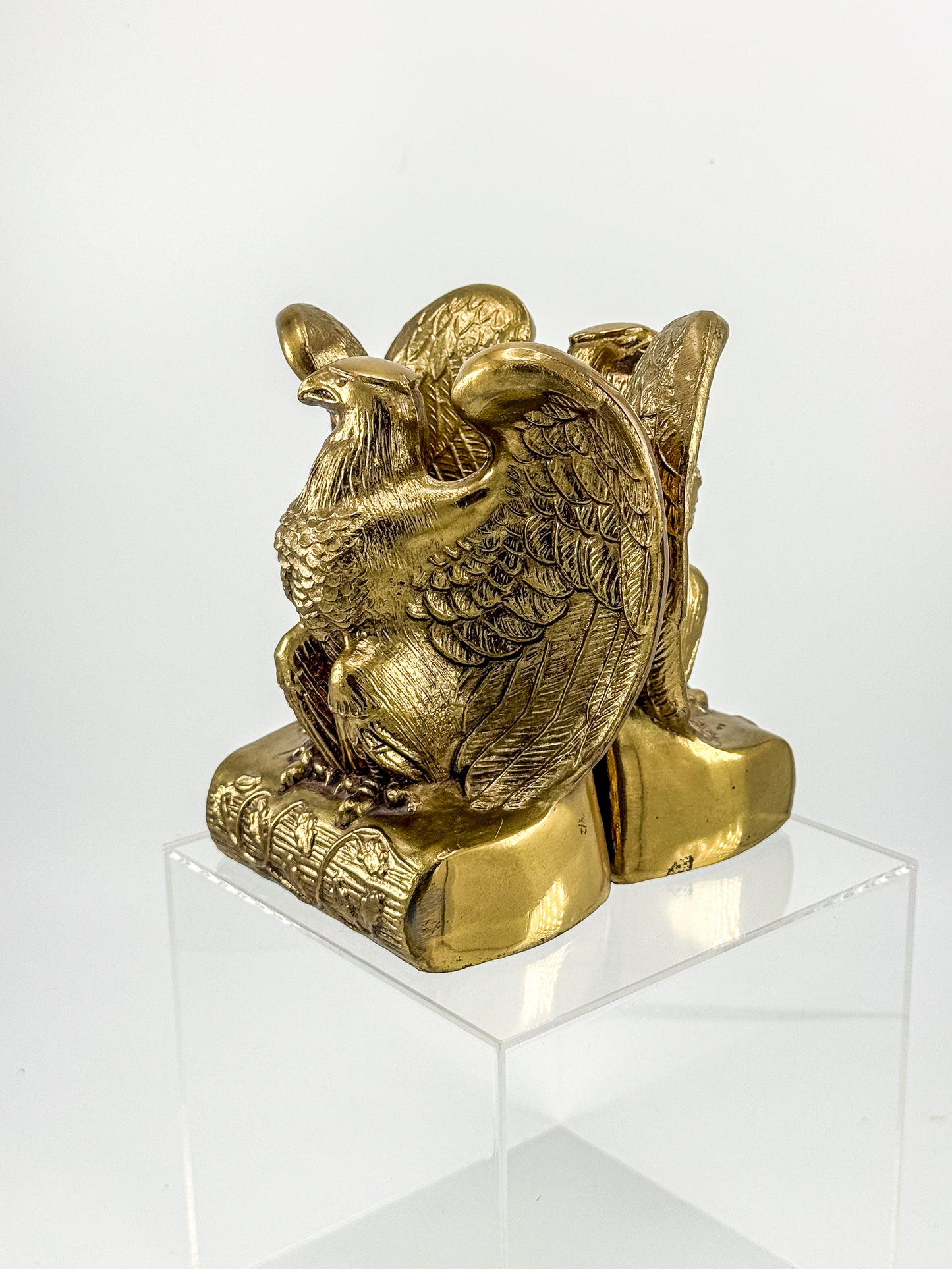 Vintage Solid Brass Weighted Eagle Bookends with Detailed Feather Relief, Sold as a Pair