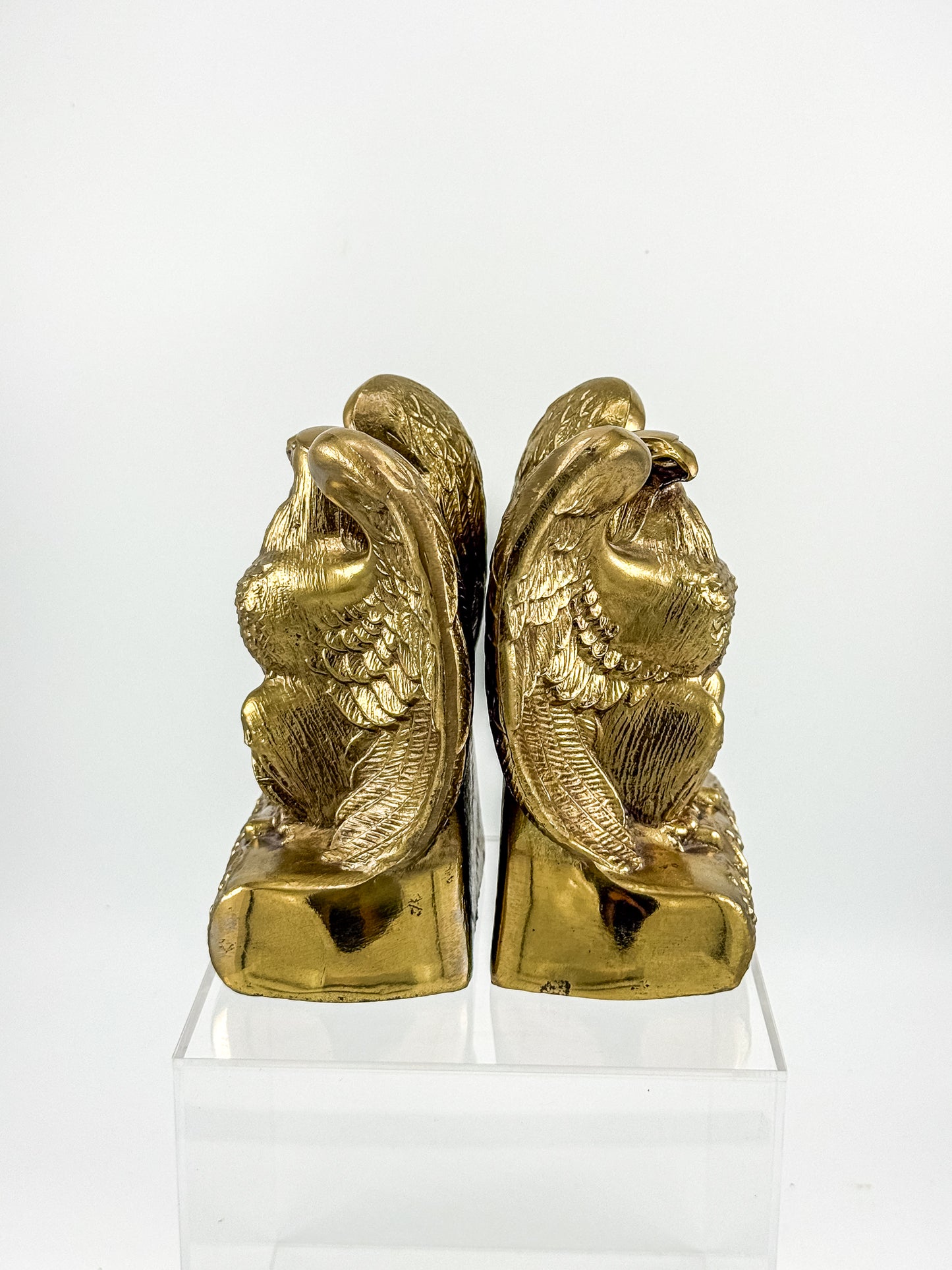 Vintage Solid Brass Weighted Eagle Bookends with Detailed Feather Relief, Sold as a Pair