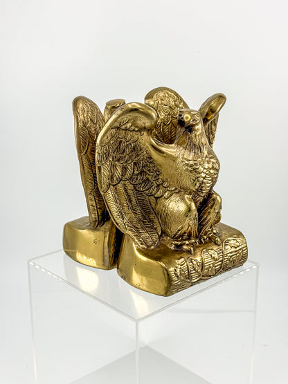Vintage Solid Brass Weighted Eagle Bookends with Detailed Feather Relief, Sold as a Pair