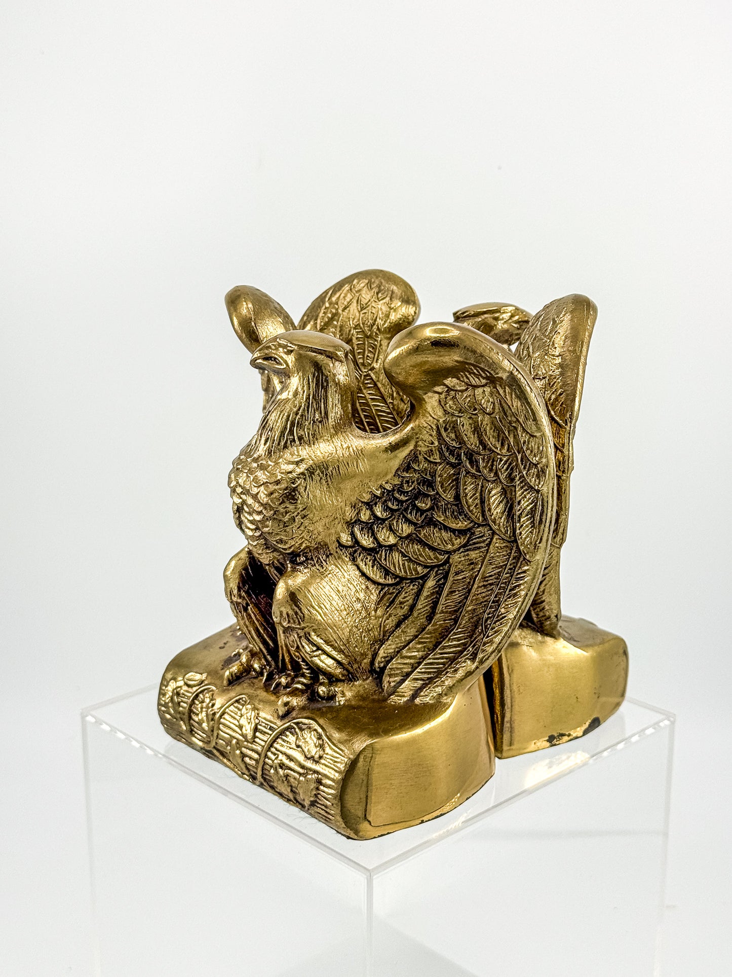 Vintage Solid Brass Weighted Eagle Bookends with Detailed Feather Relief, Sold as a Pair
