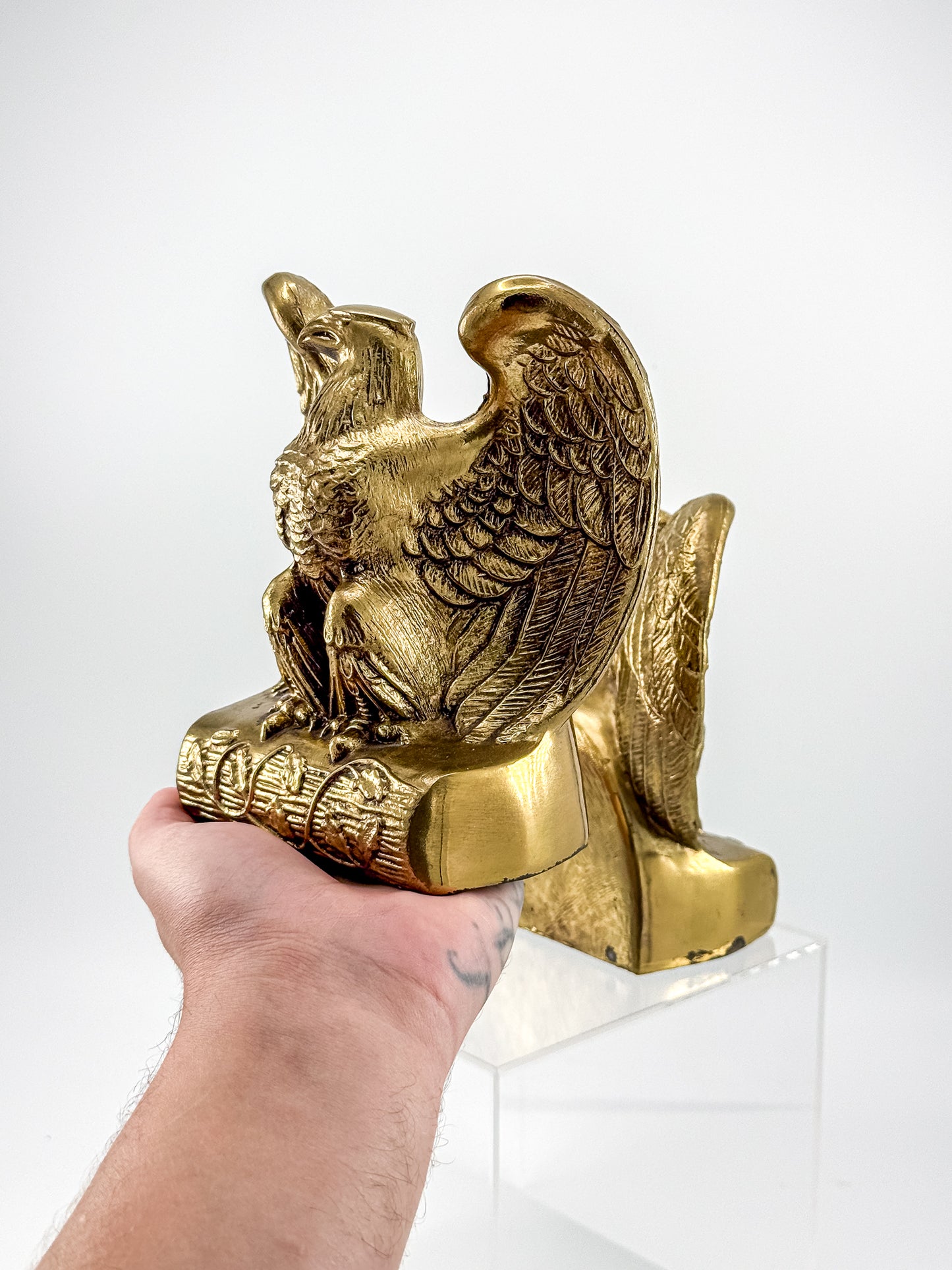 Vintage Solid Brass Weighted Eagle Bookends with Detailed Feather Relief, Sold as a Pair