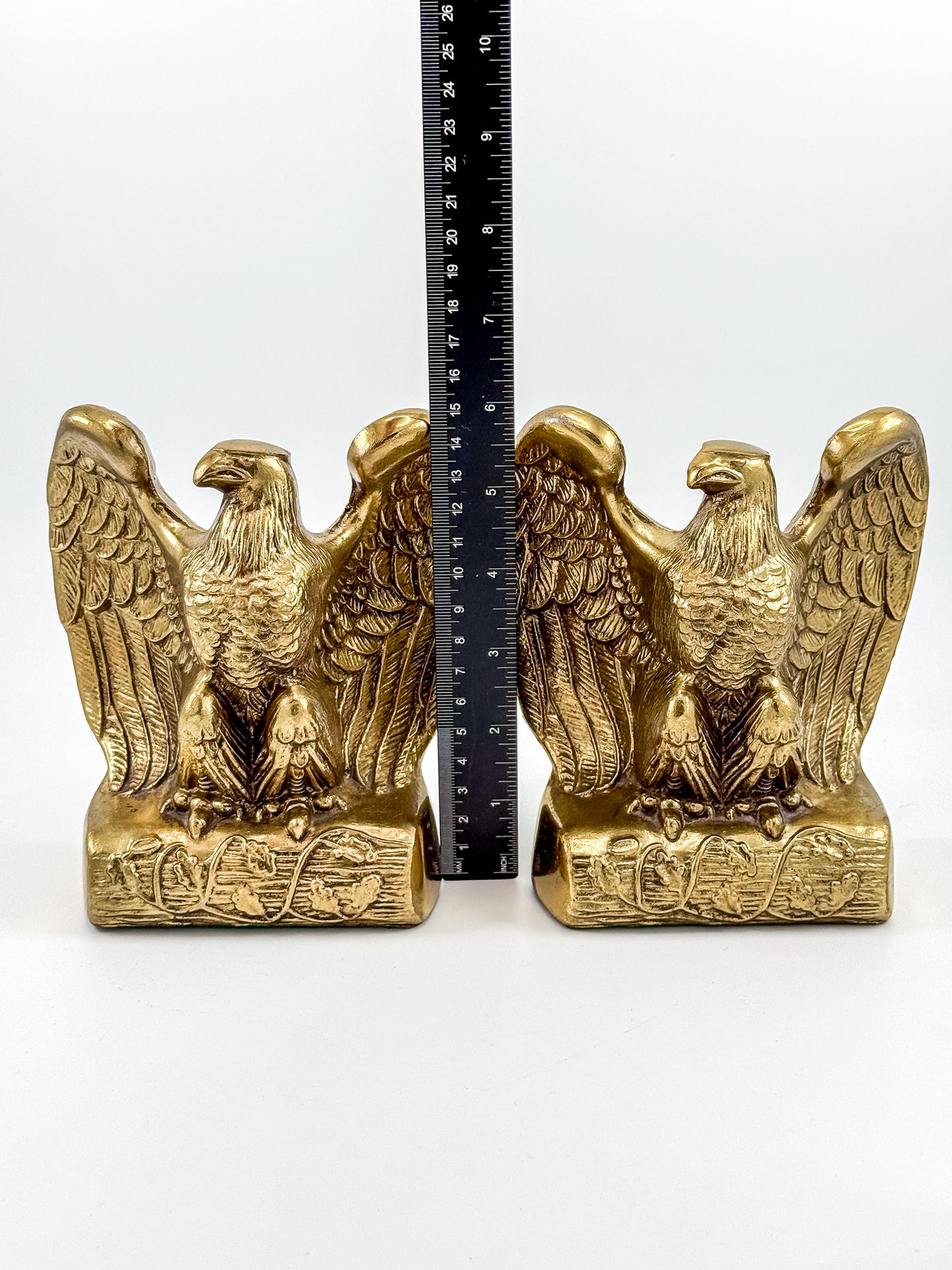Vintage Solid Brass Weighted Eagle Bookends with Detailed Feather Relief, Sold as a Pair