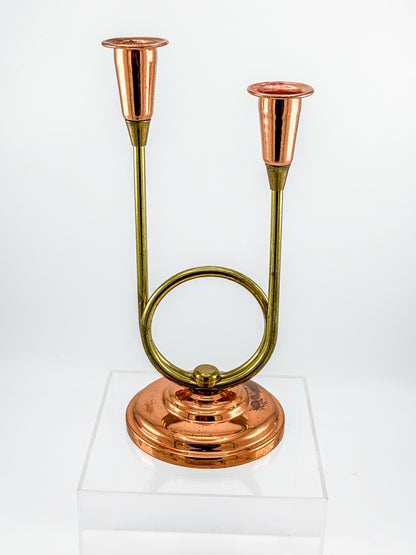 Coppercraft Guild Double Candlestick Holder in Brass and Copper, Mid-Century French Horn Design