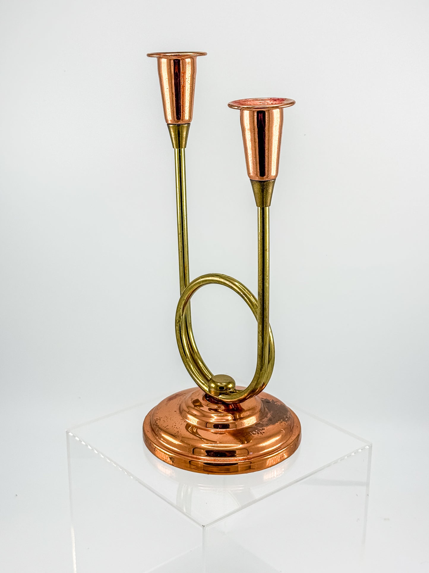 Coppercraft Guild Double Candlestick Holder in Brass and Copper, Mid-Century French Horn Design
