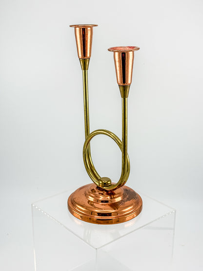 Coppercraft Guild Double Candlestick Holder in Brass and Copper, Mid-Century French Horn Design