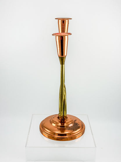 Coppercraft Guild Double Candlestick Holder in Brass and Copper, Mid-Century French Horn Design