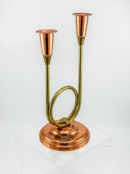 Coppercraft Guild Double Candlestick Holder in Brass and Copper, Mid-Century French Horn Design